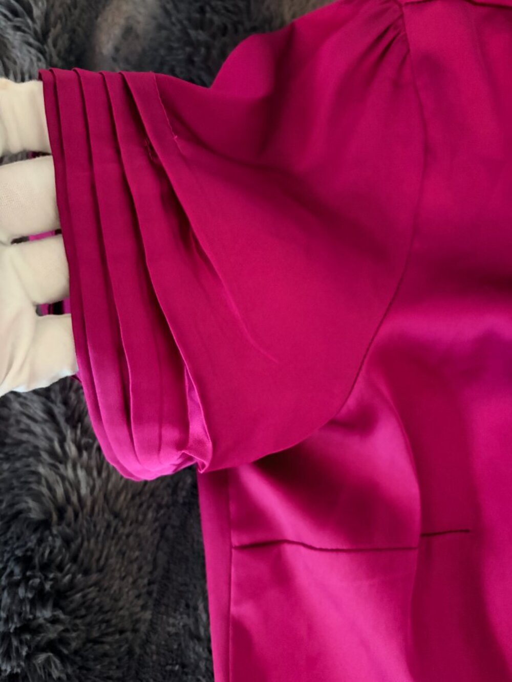Fuchsia Satin Tie Neck Blouse Womens Medium Pink Short Sleeve Career Barbiecore - Picture 5 of 12